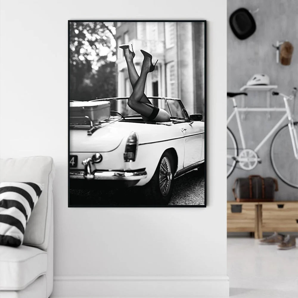 Wall Art 70cmx100cm High Heels in Classic Car - Black Frame