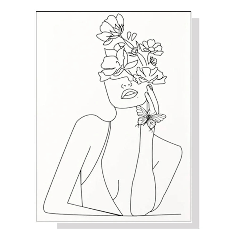 Wall Art 70cmx100cm Line Art Girl - White Frame Canvas