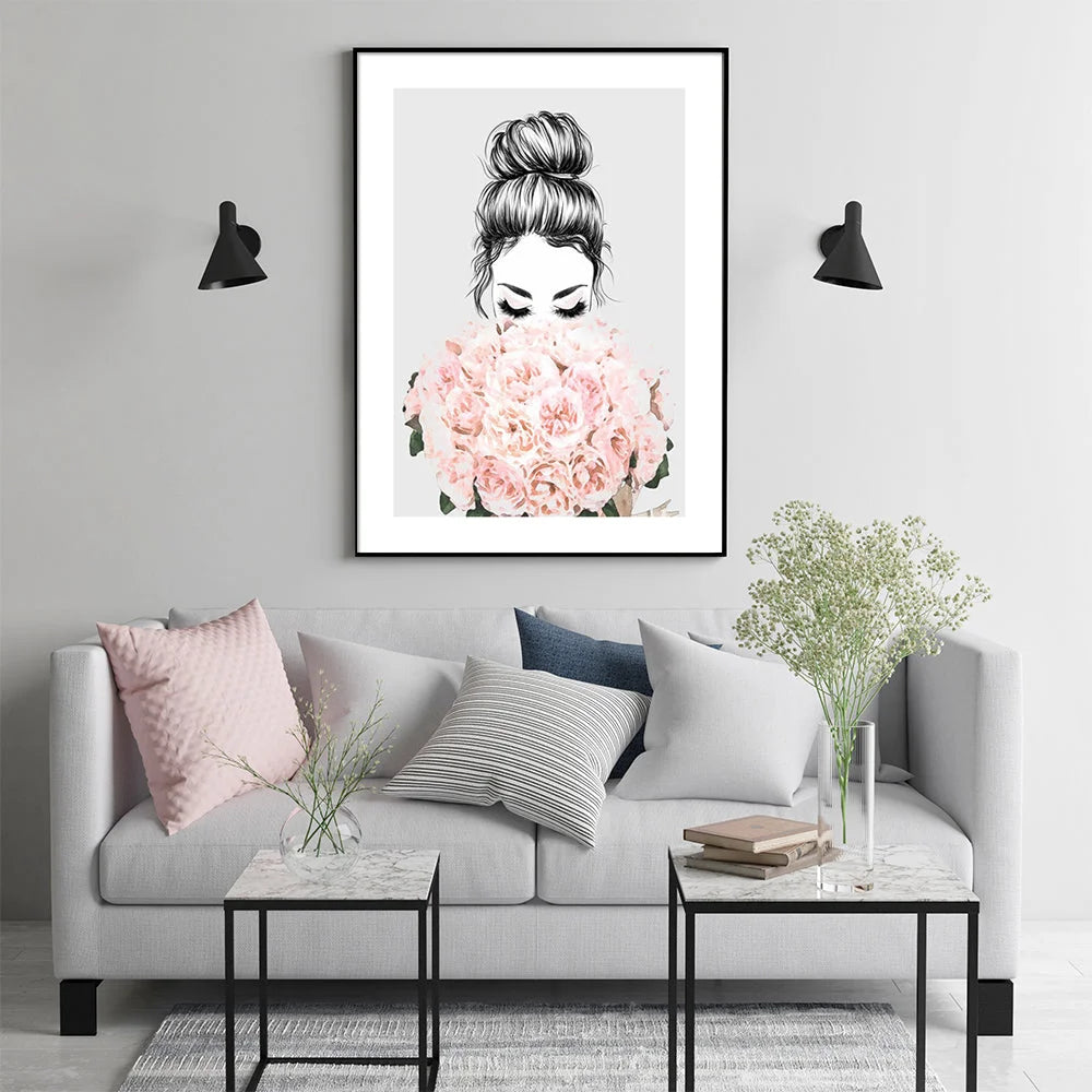 Wall Art 70cmx100cm Roses Girl - Black Frame Canvas - Home