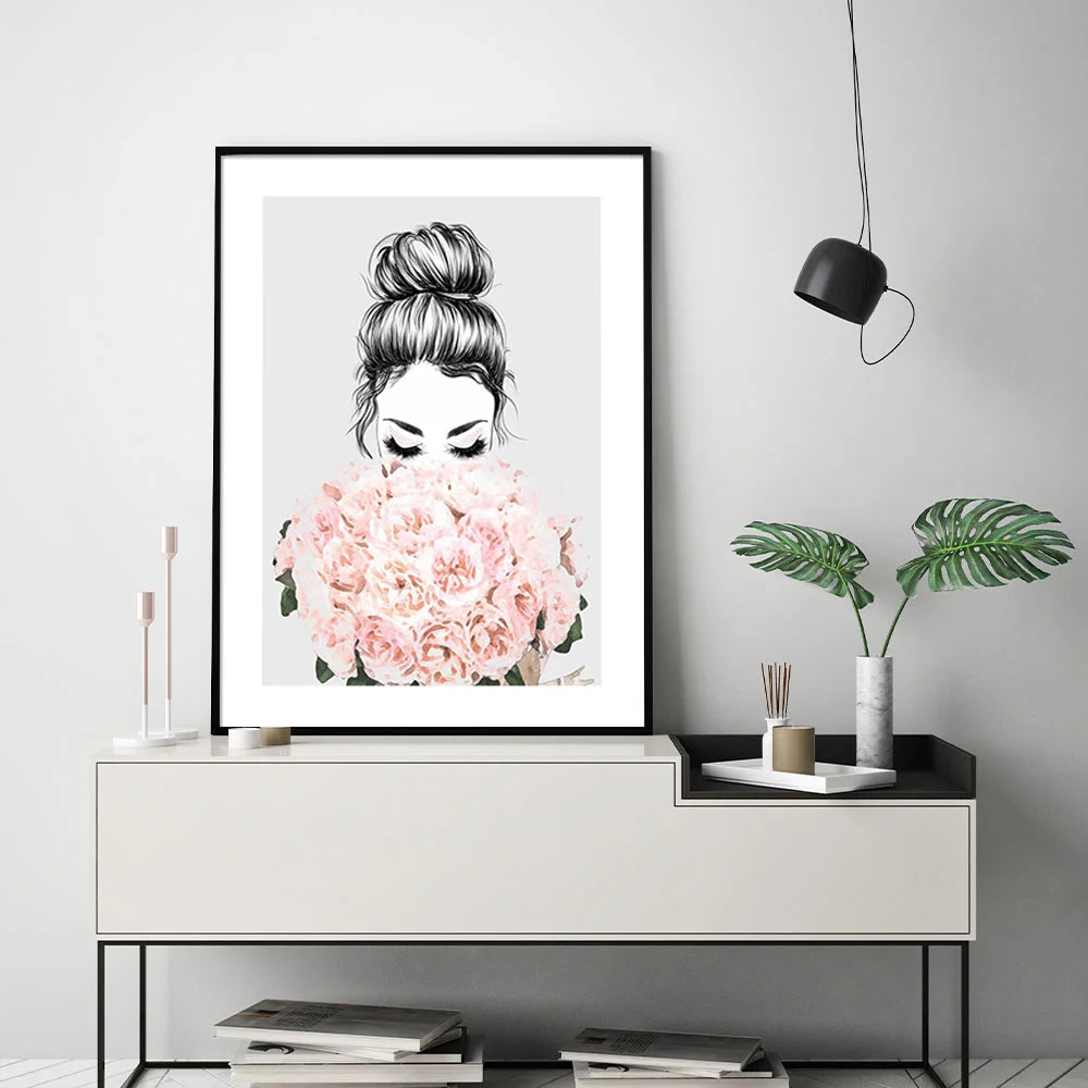 Wall Art 70cmx100cm Roses Girl - Black Frame Canvas - Home
