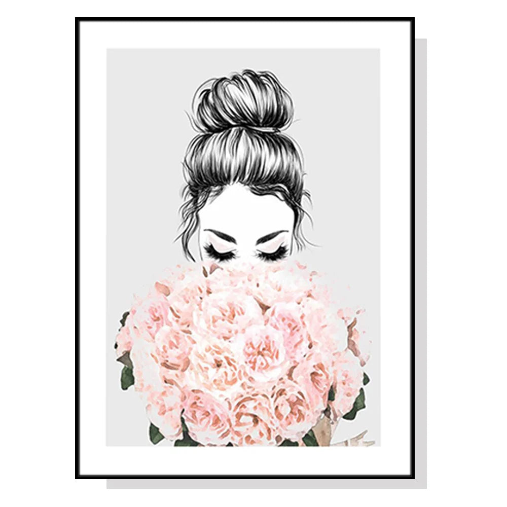 Wall Art 70cmx100cm Roses Girl - Black Frame Canvas - Home