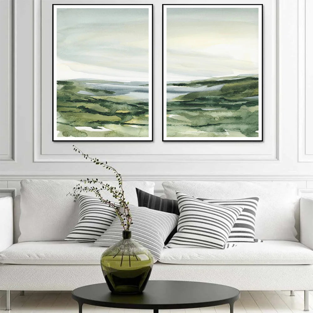 Wall Art 70cmx100cm Watercolor Landscape 2 Sets Black Frame