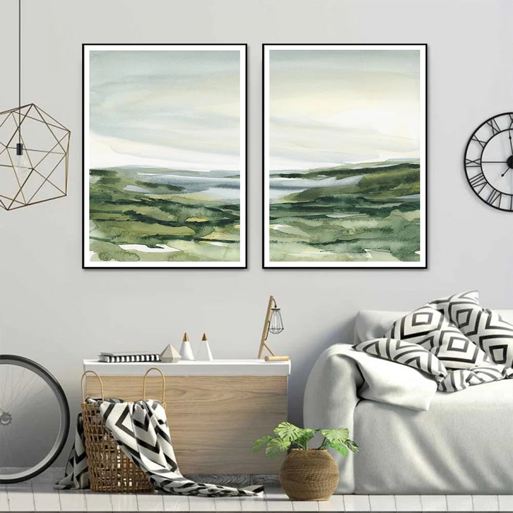 Wall Art 70cmx100cm Watercolor Landscape 2 Sets Black Frame