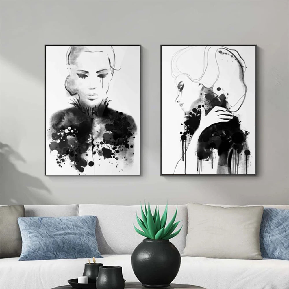 Wall Art 70cmx100cm Watercolor Sketch 2 Sets - Black Frame