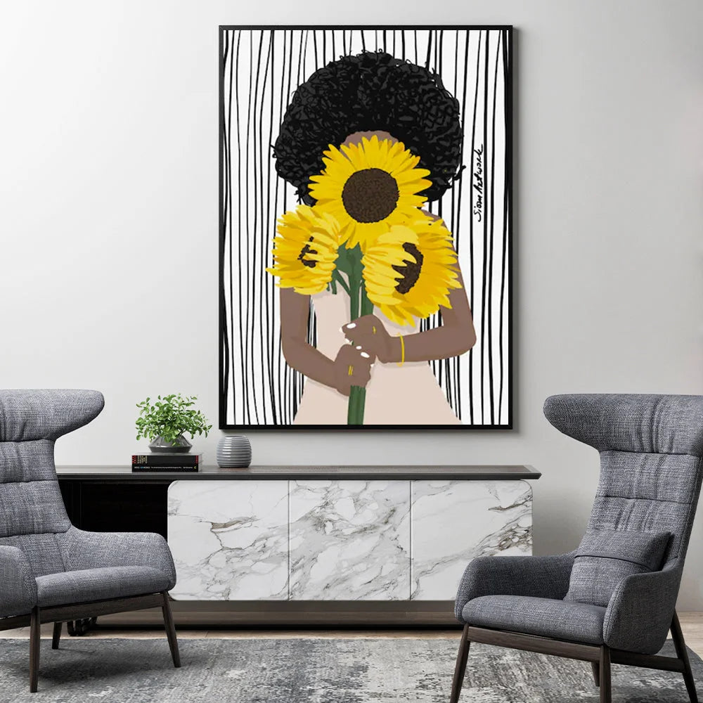 Wall Art 80cm x 120cm African Woman Sunflower Black Frame