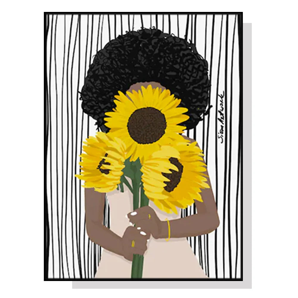Wall Art 80cm x 120cm African Woman Sunflower Black Frame