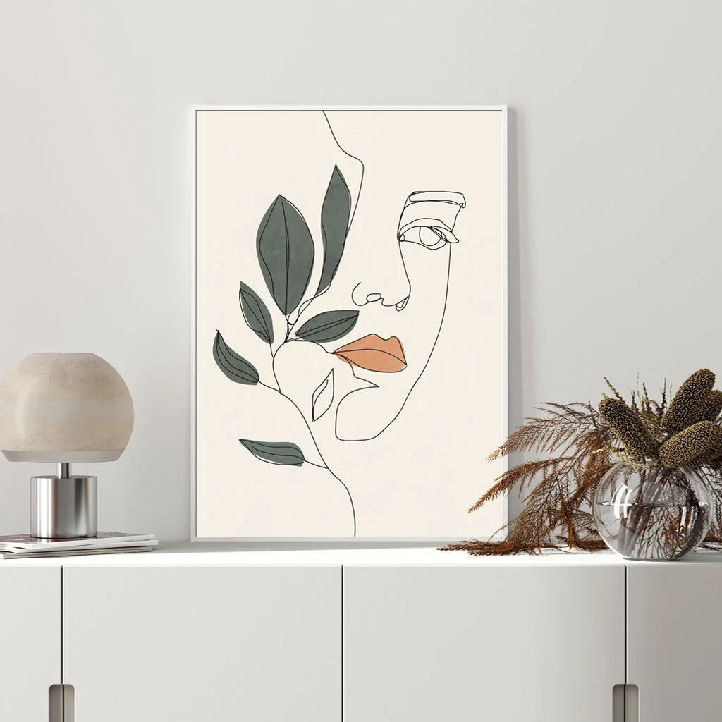 Wall Art - 80cm x 120cm Line Art Girl Face White Frame