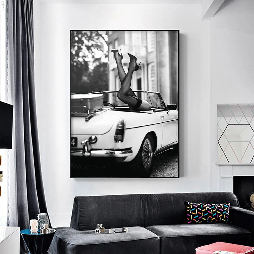 Wall Art 80cmx120cm High Heels in Classic Car - Black Frame
