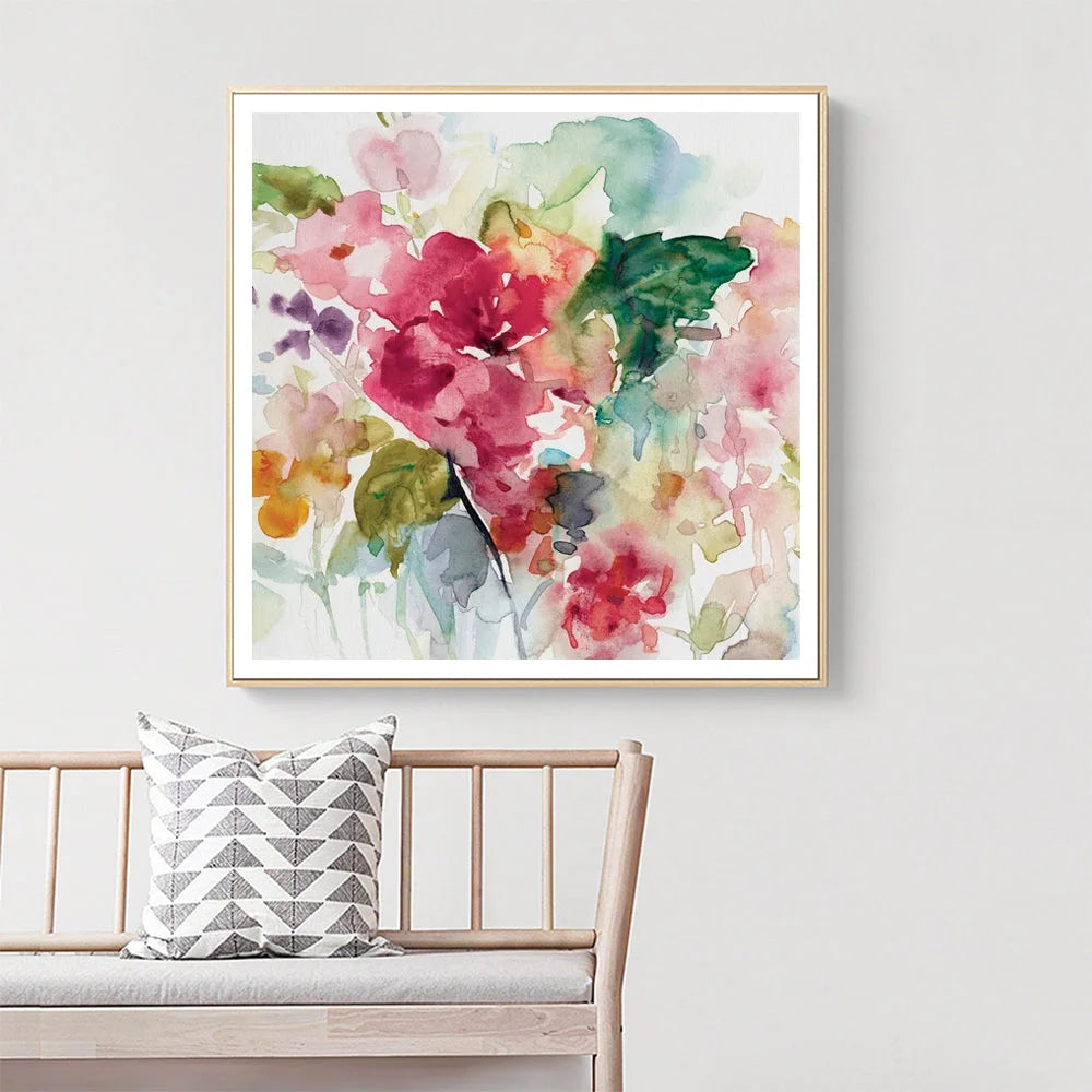 Wall Art 80cmx80cm Floral Brunch Canvas Gold Frame - Home &