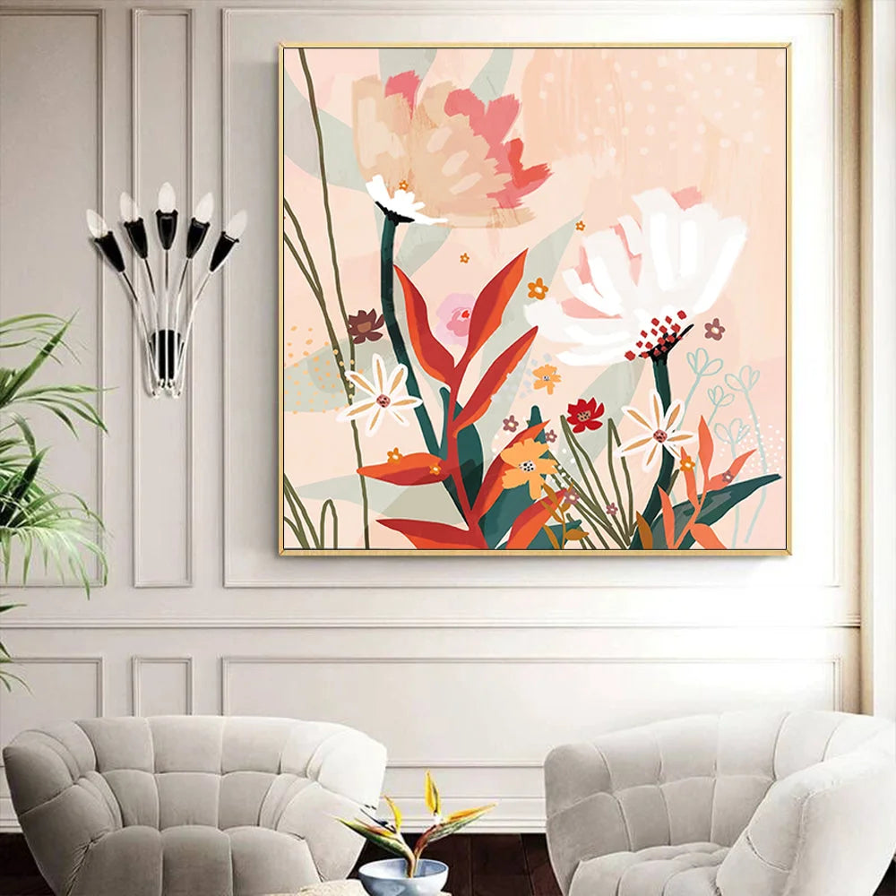 Wall Art 80cmx80cm Native Floral - Gold Frame Canvas - Home