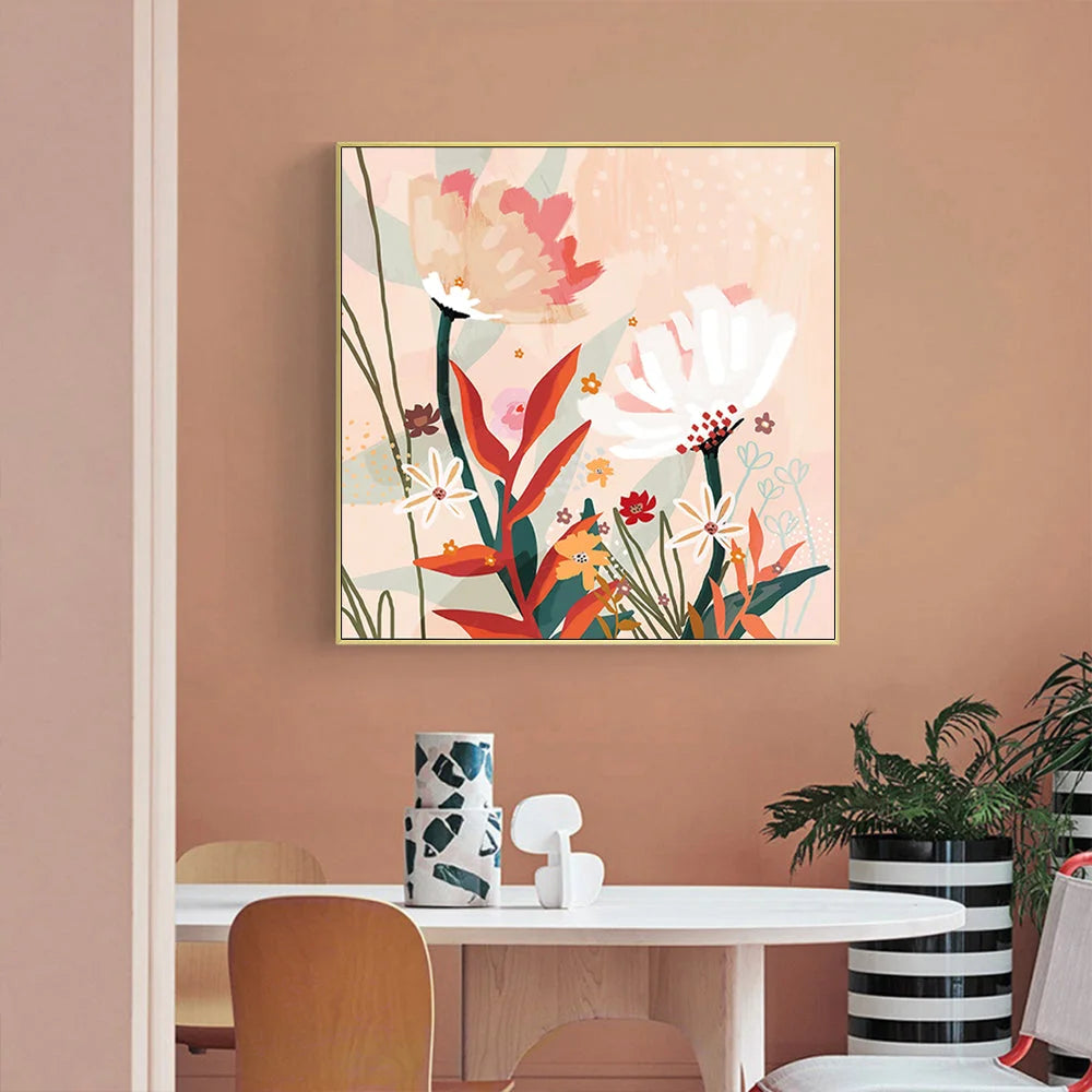 Wall Art 80cmx80cm Native Floral - Gold Frame Canvas - Home