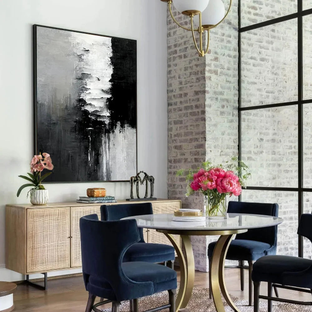 Wall Art Abstract Black White Artwork 60x90cm Black Frame