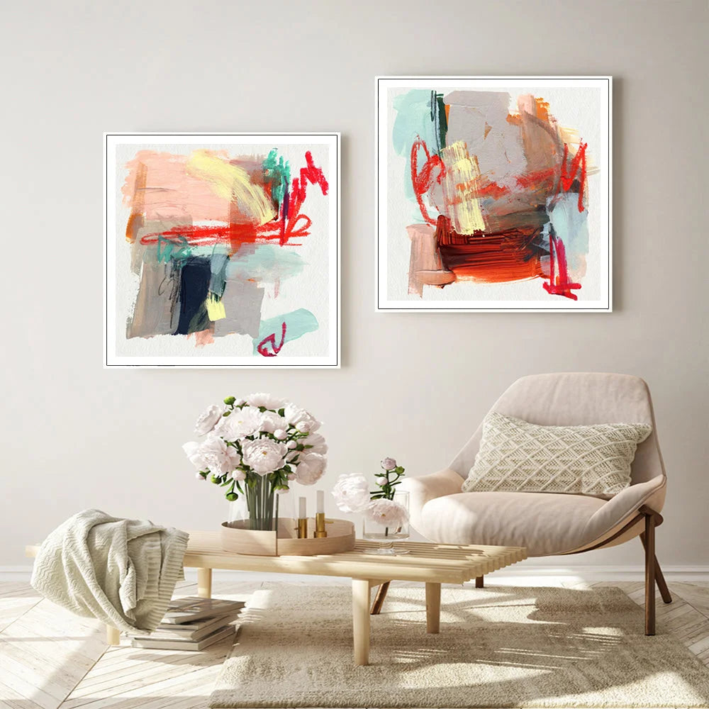 Wall Art Abstract Colourful Garden 70x70cm 2 Sets White