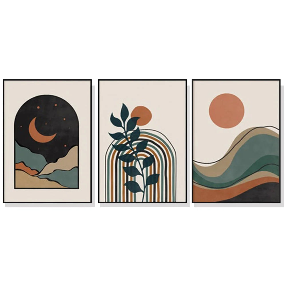 Wall Art Abstract Dark Green 3 Sets Black Frame Canvas