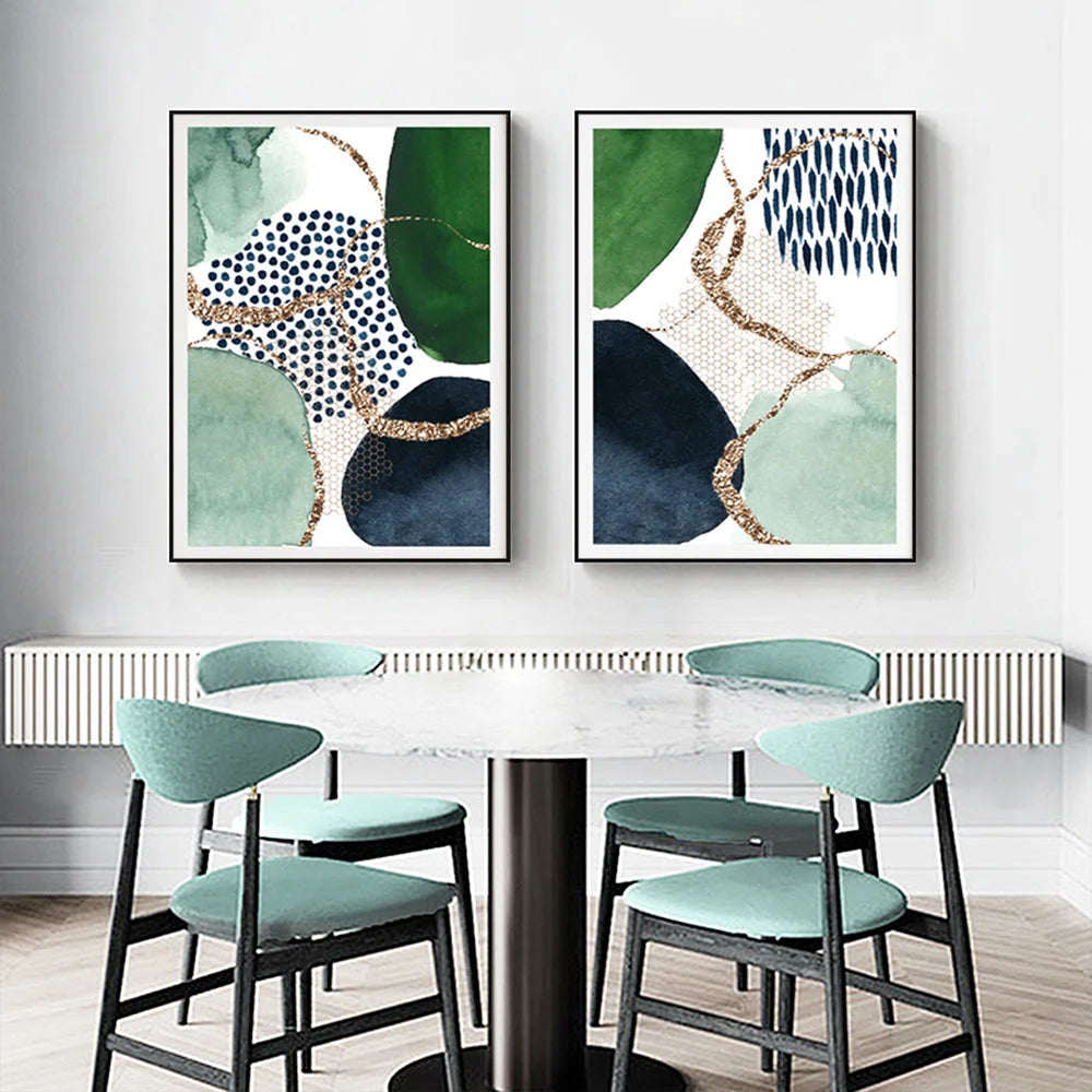 Wall Art Abstract Green and Navy 2 Sets Black Frame Canvas