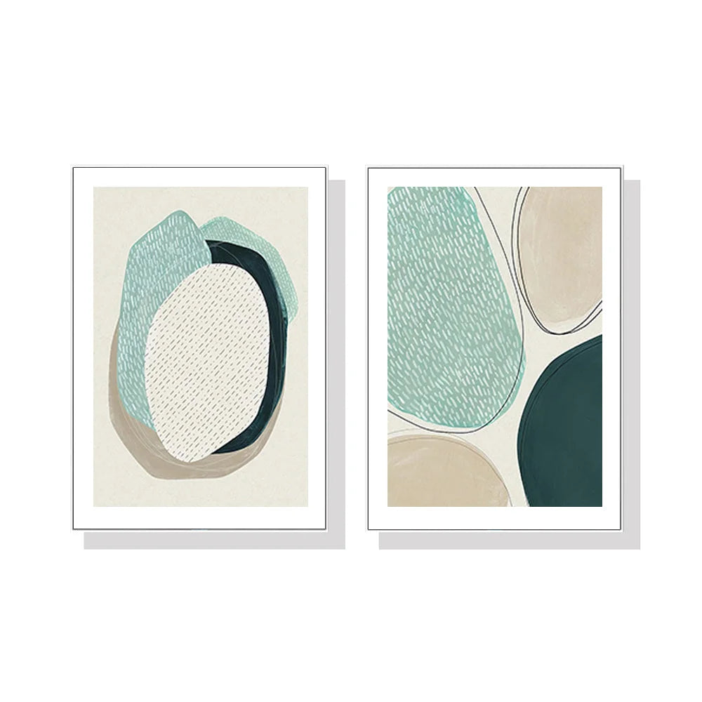 Wall Art Abstract Green Circle 2 Sets White Frame Canvas