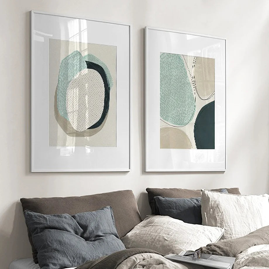 Wall Art Abstract Green Circle 2 Sets White Frame Canvas