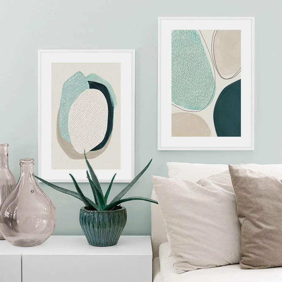 Wall Art Abstract Green Circle 2 Sets White Frame Canvas