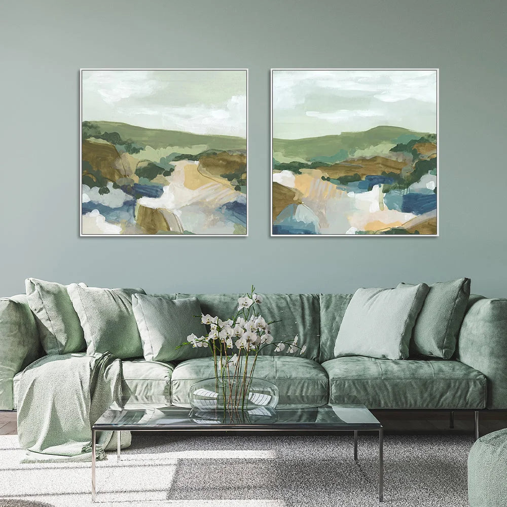 Wall Art Abstract Landscape 60cmx60cm 2 Sets White Frame
