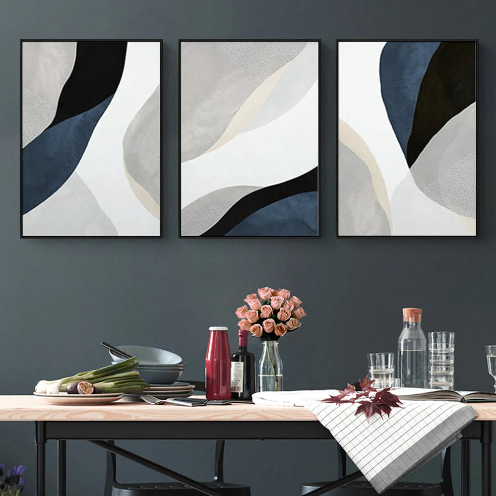 Wall Art Abstract Navy Blue 3 Sets Black Frame Canvas