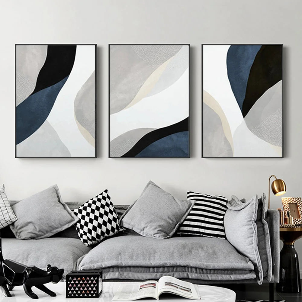 Wall Art Abstract Navy Blue 3 Sets Black Frame Canvas