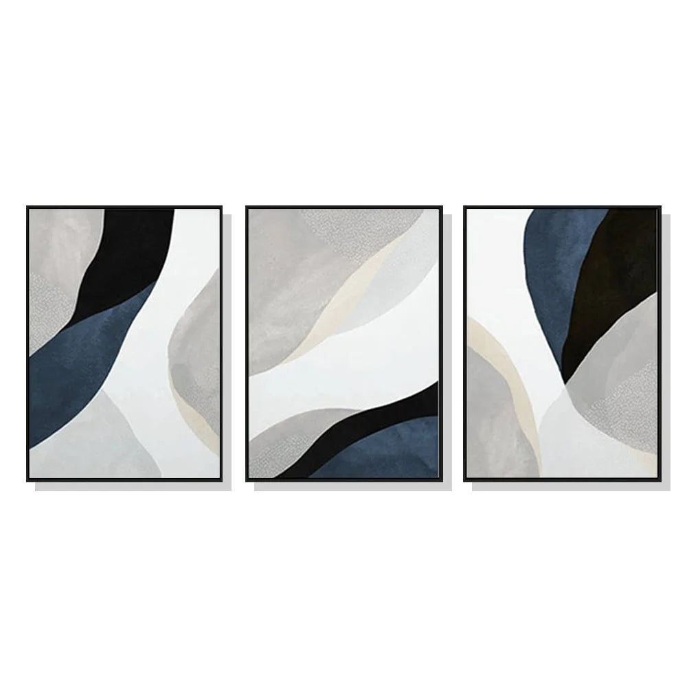 Wall Art Abstract Navy Blue 3 Sets Black Frame Canvas