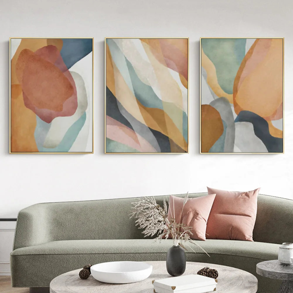 Wall Art Abstract Orange 3 Sets Canvas Gold Frame 50cmx70cm