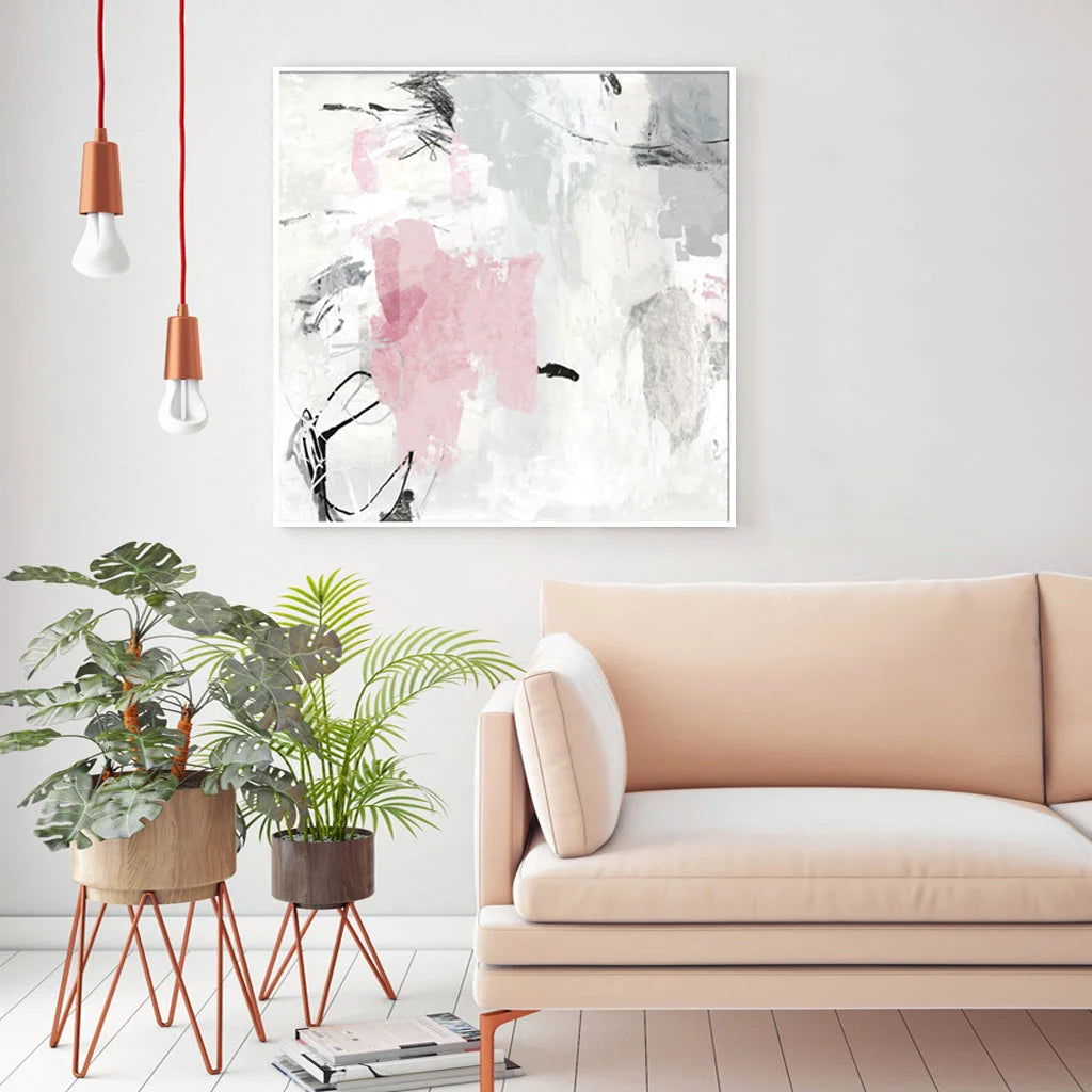 Wall Art Abstract Pink Grey 2 Sets White Frame Canvas