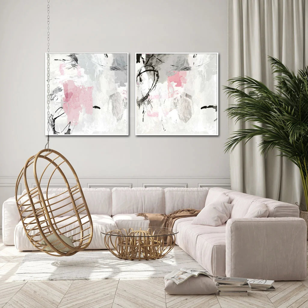 Wall Art Abstract Pink Grey 2 Sets White Frame Canvas