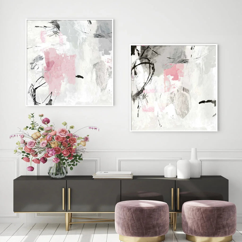 Wall Art Abstract Pink Grey 2 Sets White Frame Canvas