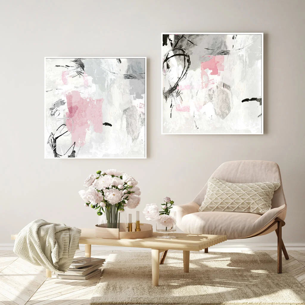Wall Art Abstract Pink Grey 2 Sets White Frame Canvas
