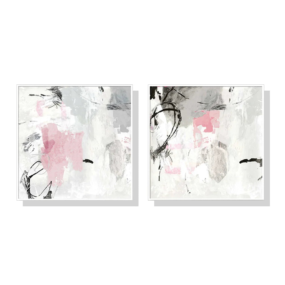 Wall Art Abstract Pink Grey 2 Sets White Frame Canvas