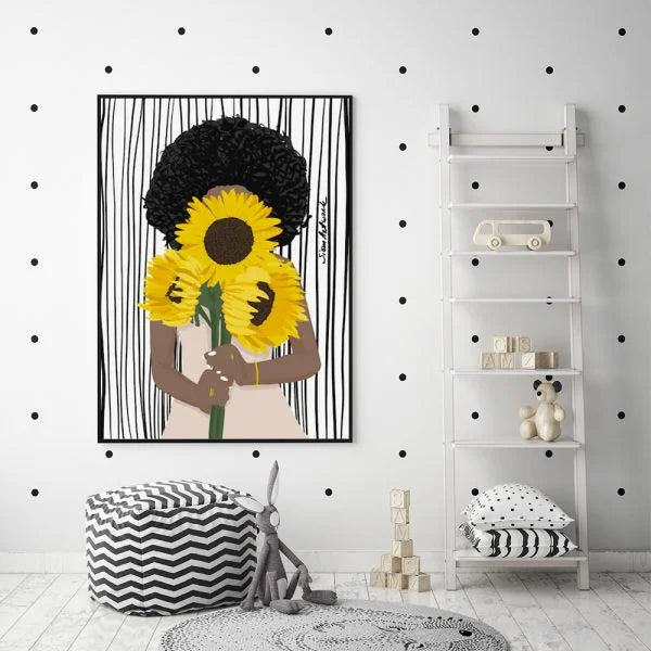Wall Art African Woman Sunflower Black Frame Canvas 40cm x