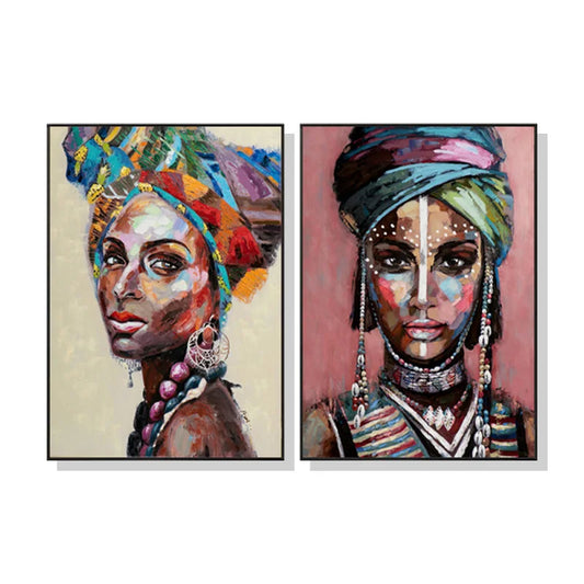 Wall Art African Women 2 Sets Black Frame Canvas 100x150cm