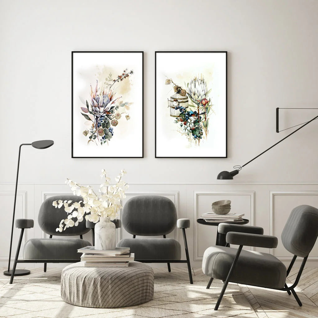 Wall Art Berries and Protea 2 Sets Black Frame Canvas