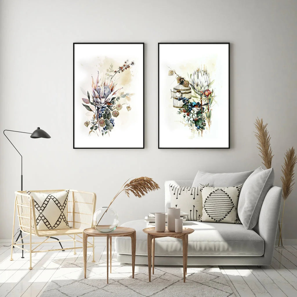 Wall Art Berries and Protea 2 Sets Black Frame Canvas