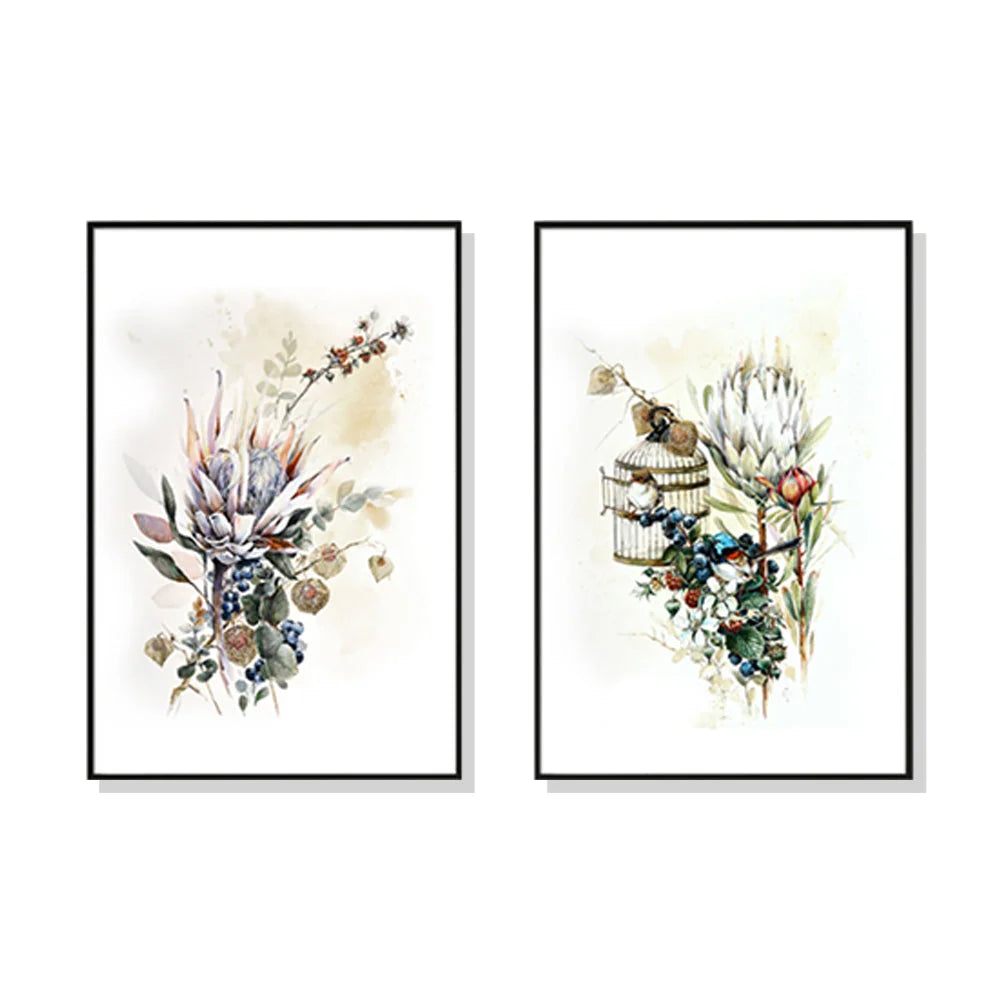 Wall Art Berries and Protea 2 Sets Black Frame Canvas