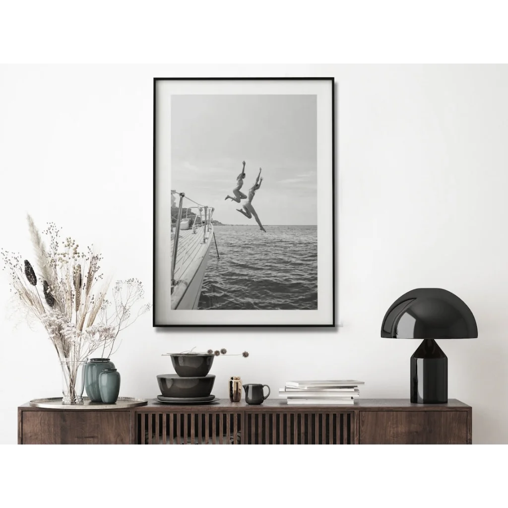 Wall Art Black and White Ocean Jump 30x40cm Black Frame