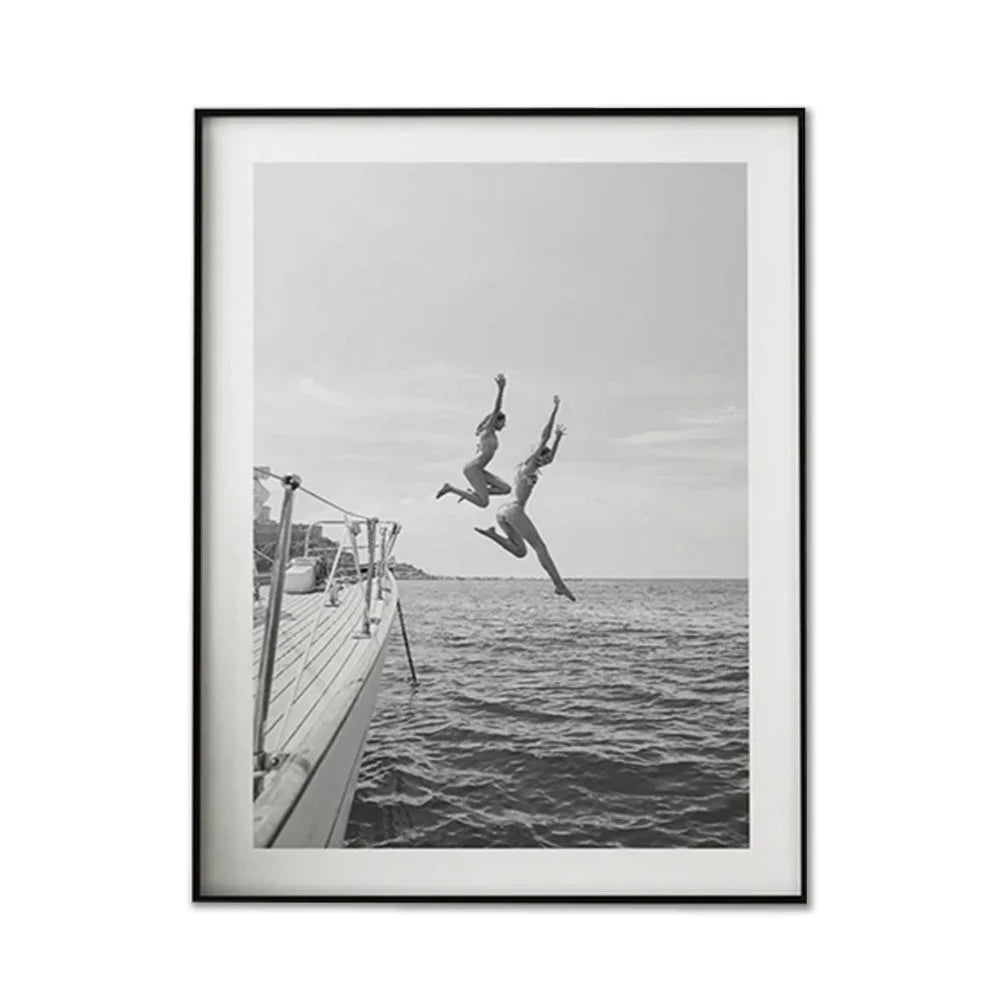 Wall Art Black and White Ocean Jump 30x40cm Black Frame