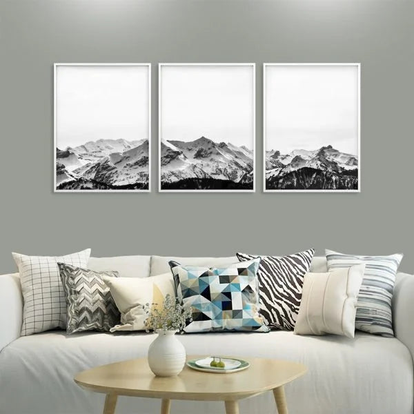 Wall Art Black White Mountain 40x60cm 3 Sets White Frame