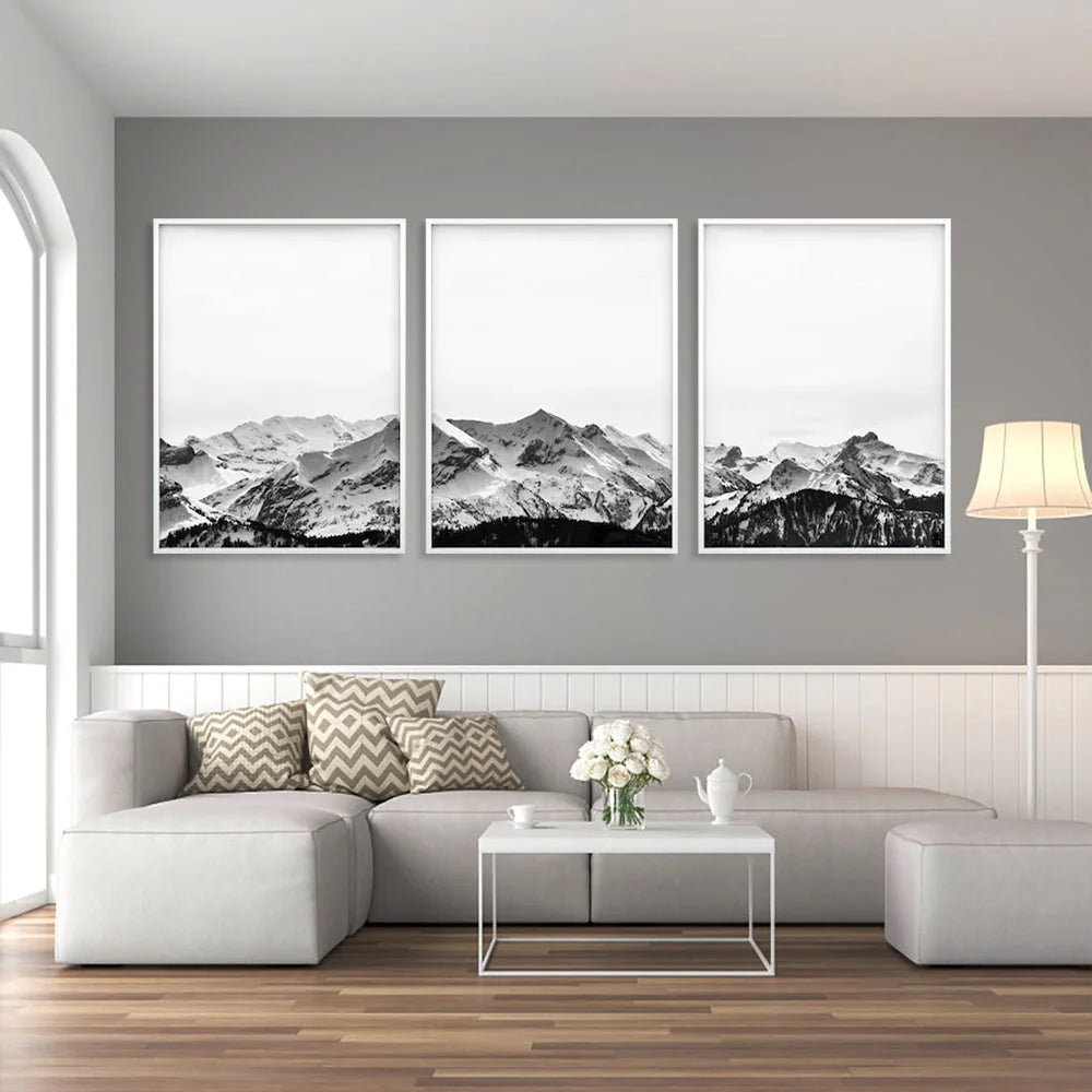 Wall Art Black White Mountain 50x70cm 3 Sets White Frame