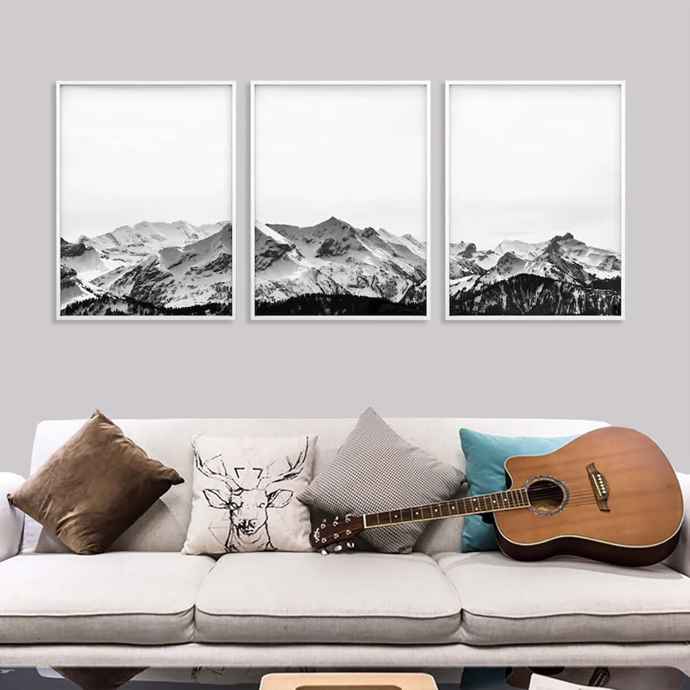 Wall Art Black White Mountain 60x90cm 3 Sets White Frame