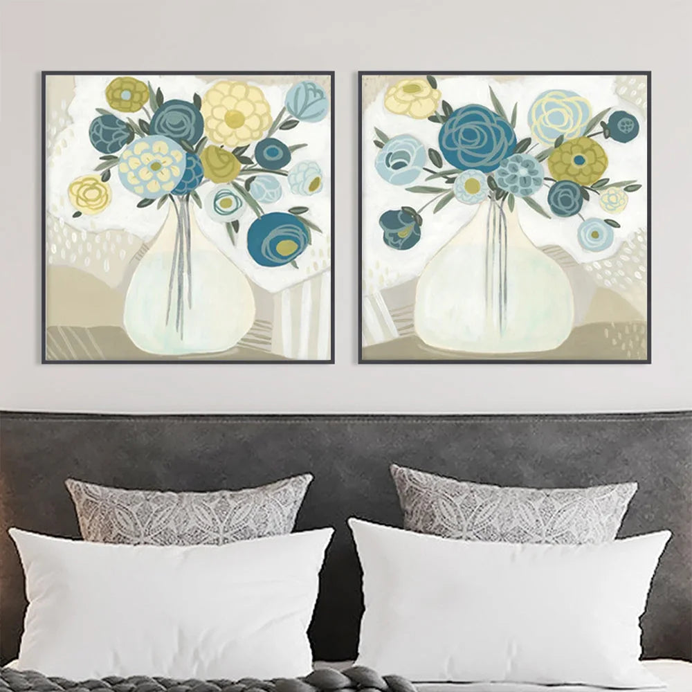 Wall Art Blue Bouquet 60x60cm 2 Sets Black Frame Canvas
