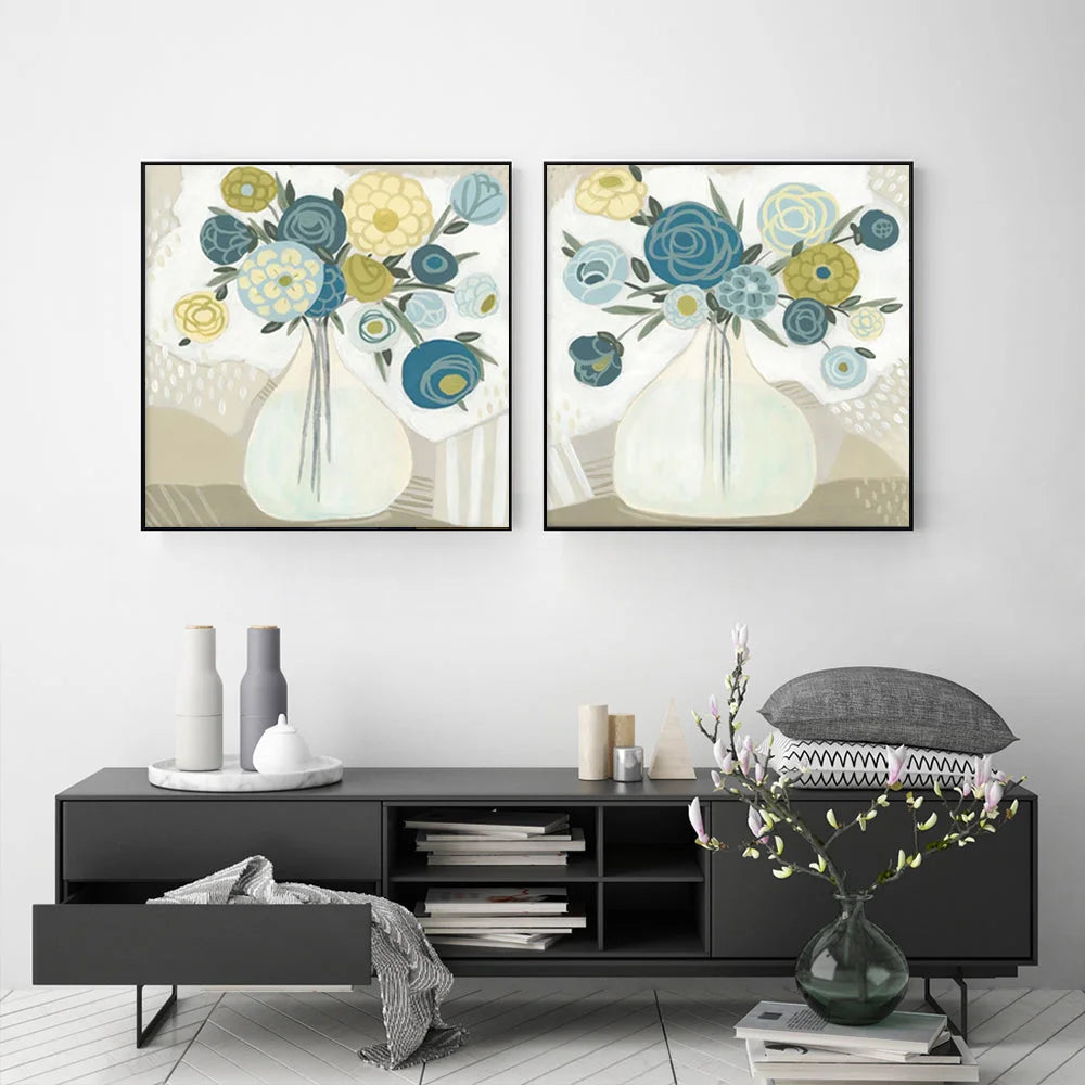 Wall Art Blue Bouquet 60x60cm 2 Sets Black Frame Canvas