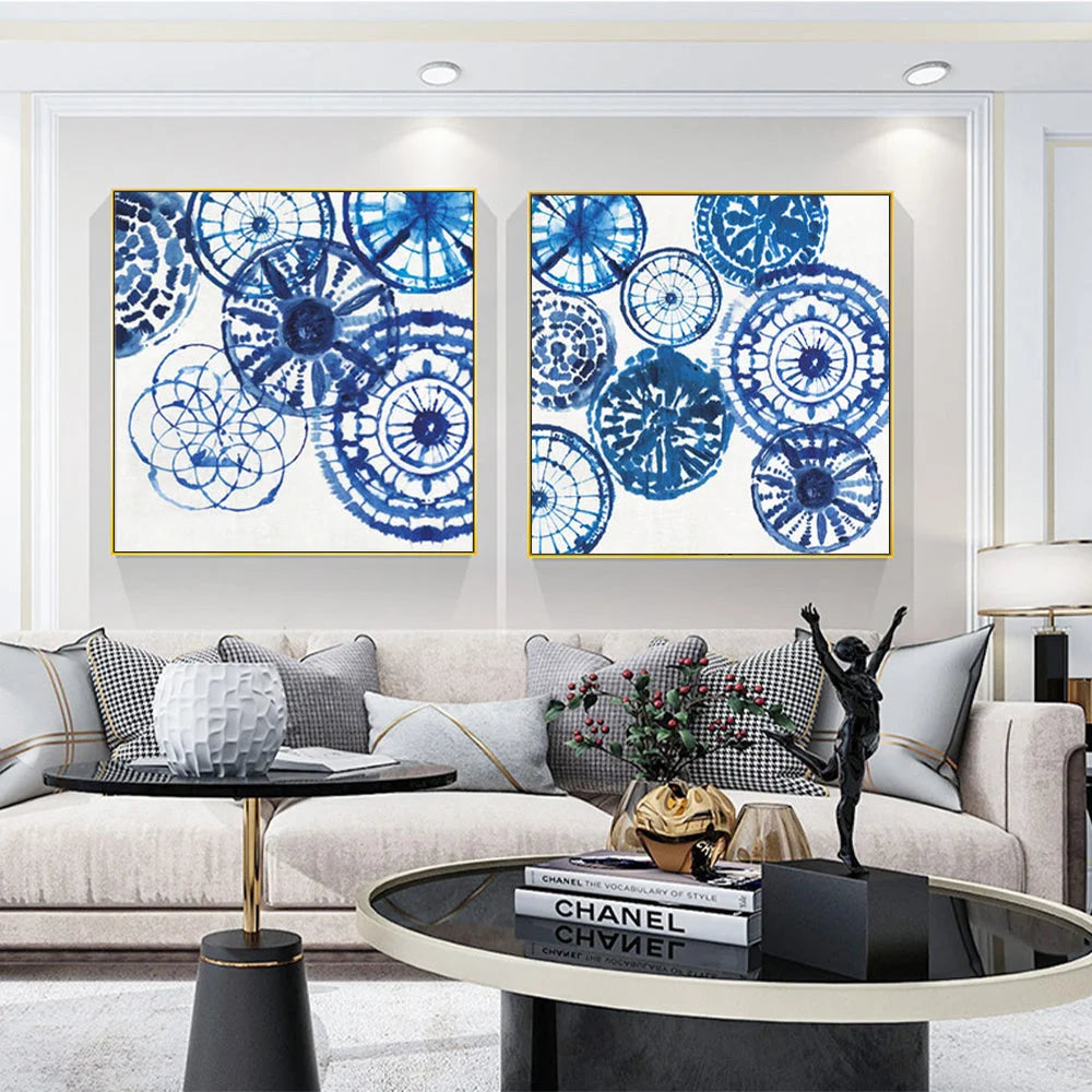 Wall Art Blue Day 60x60cm 2 Sets Gold Frame Canvas - Home &