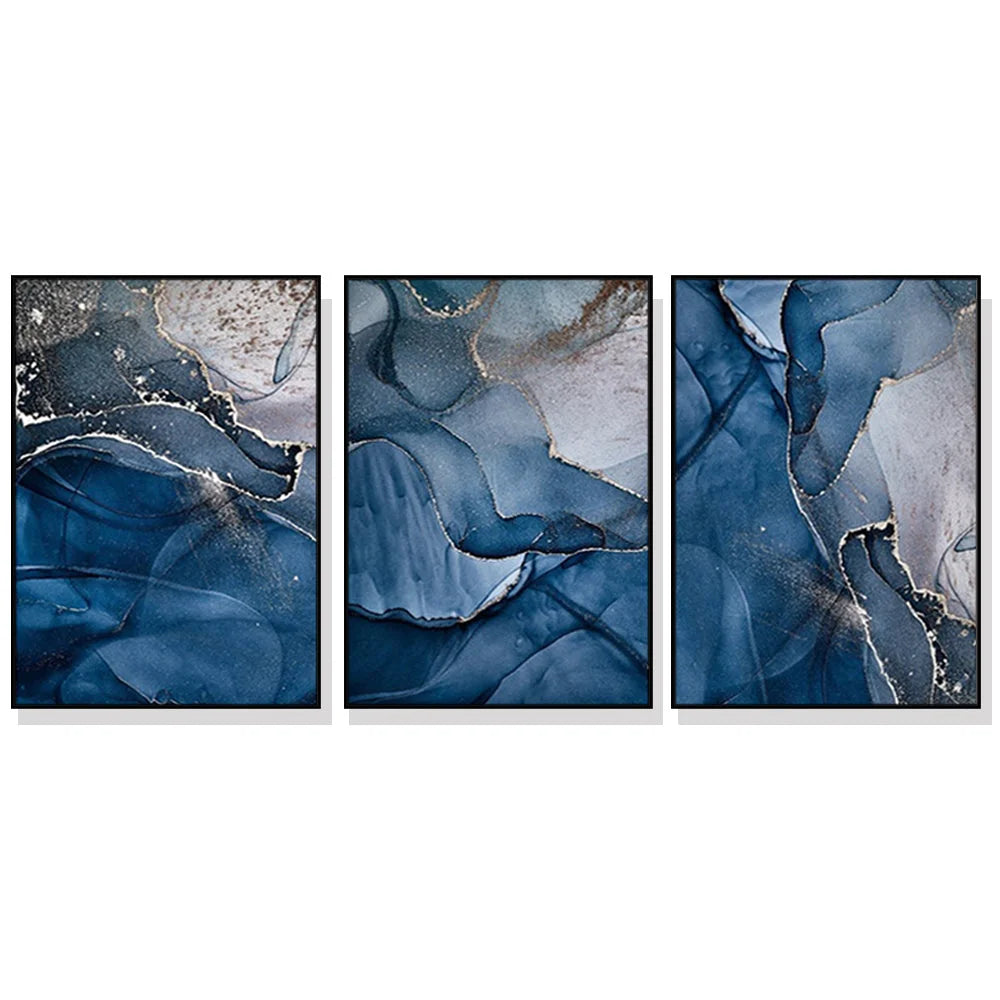 Wall Art Blue Gold Marble 3 Sets Black Frame Canvas