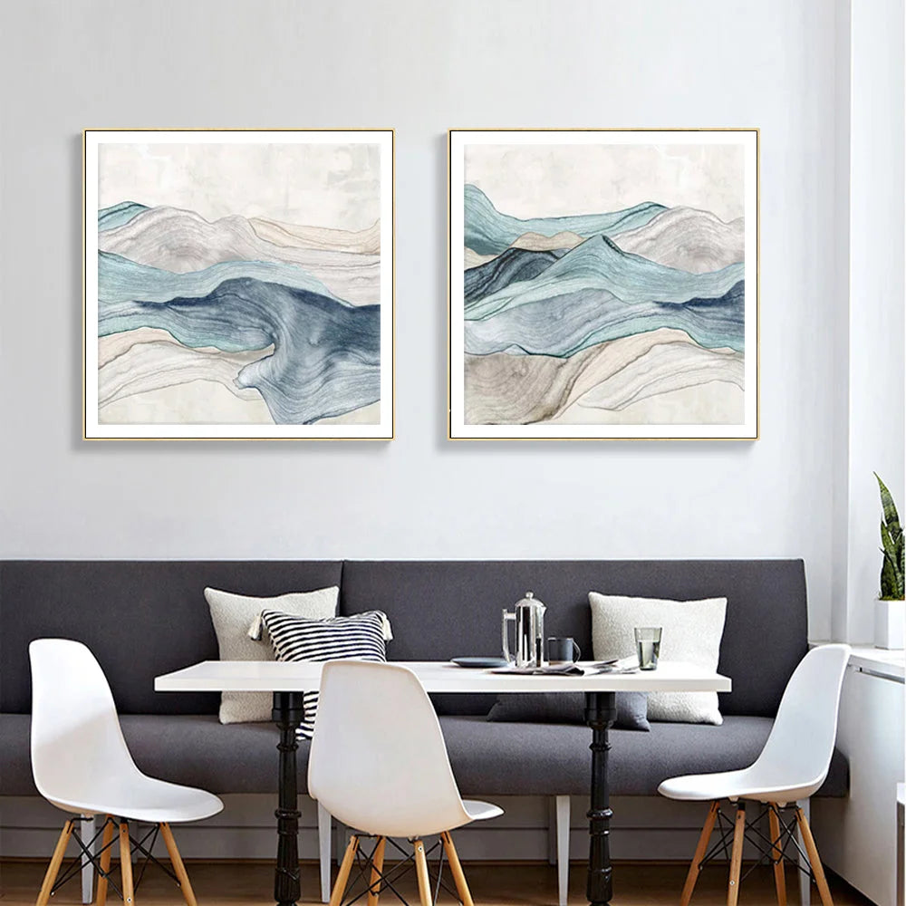 Wall Art Blue Mountain 50x50cm 2 Sets Gold Frame Canvas
