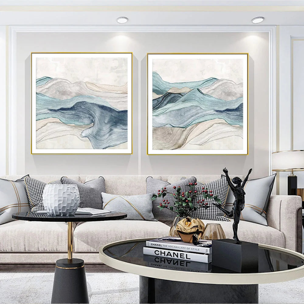 Wall Art Blue Mountain 70x70cm 2 Sets Gold Frame Canvas