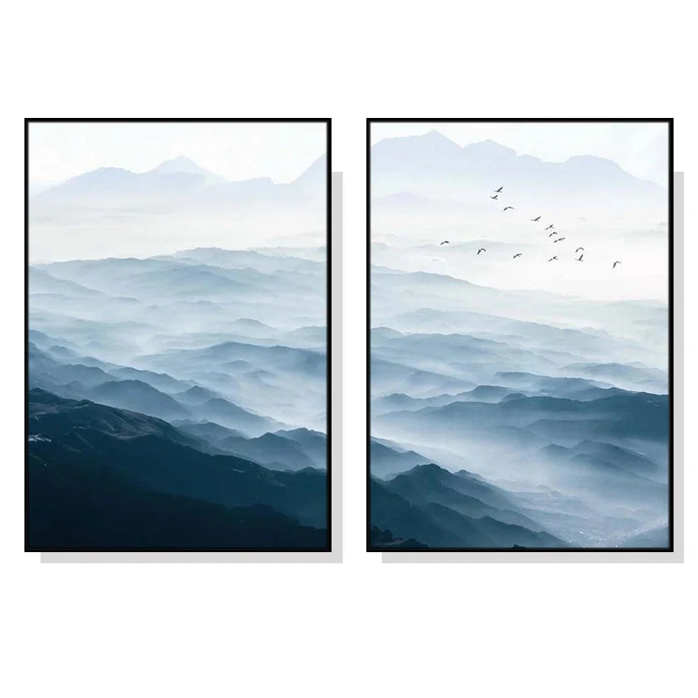 Wall Art Blue Mountains 2 Sets Black Frame Canvas 70x100cm