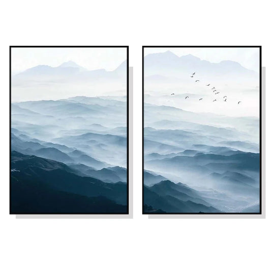 Wall Art Blue Mountains 2 Sets Black Frame Canvas 70x100cm